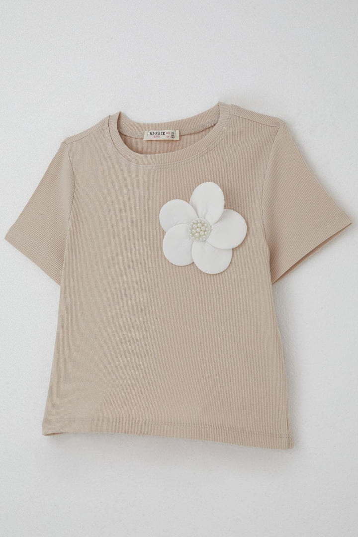 BRE Breeze Girl's T-shirt with Flower Accessories and Pearl Details, 94 Years, Beige - Salamanca
