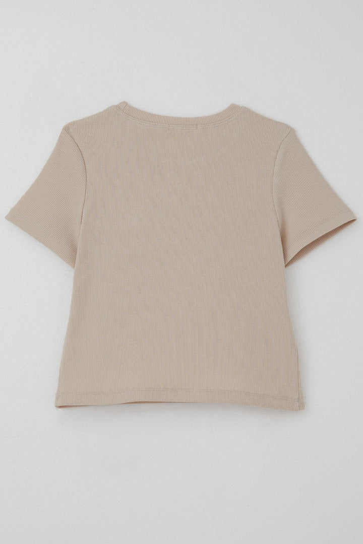 BRE Breeze Girl's T-shirt with Flower Accessories and Pearl Details, 94 Years, Beige - Salamanca