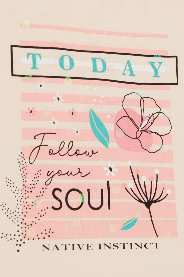 BRE Breeze Girl's T-shirt Flower & Text Printed Sequined 94 Years, Powder - North Vancouver