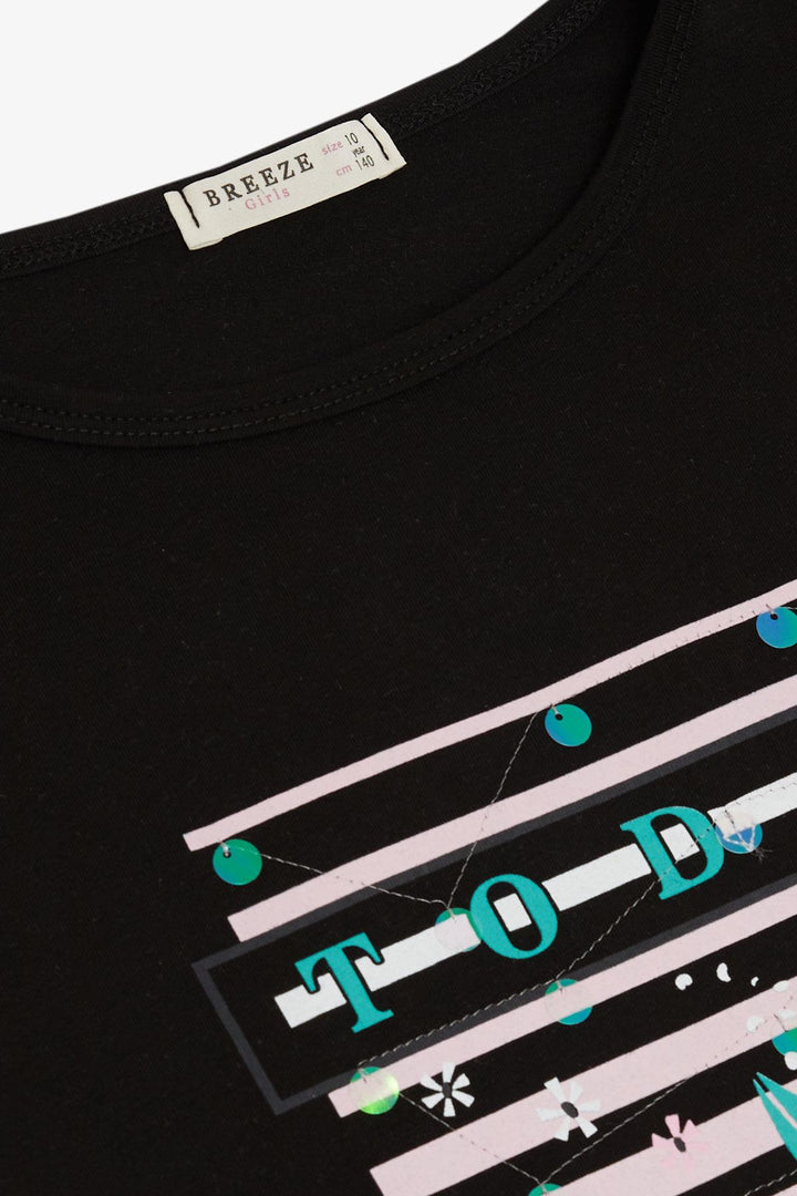 BRE Breeze Girl's T-shirt Flower & Text Printed Sequined 94 Years, Black - Eden Prairie