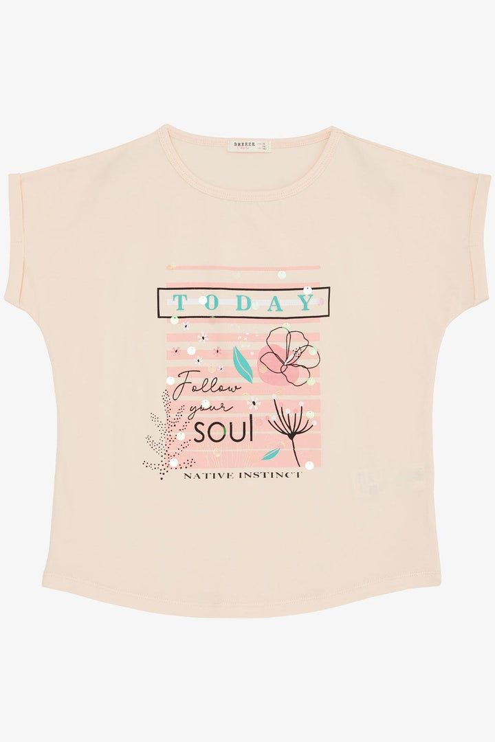 BRE Breeze Girl's T-shirt Flower & Text Printed Sequined 94 Years, Powder - North Vancouver