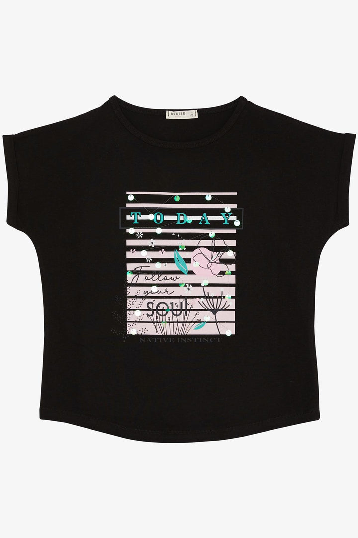 BRE Breeze Girl's T-shirt Flower & Text Printed Sequined 94 Years, Black - Eden Prairie