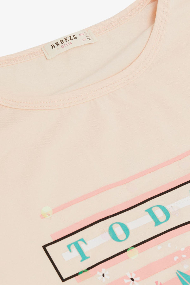 BRE Breeze Girl's T-shirt Flower & Text Printed Sequined 94 Years, Powder - North Vancouver