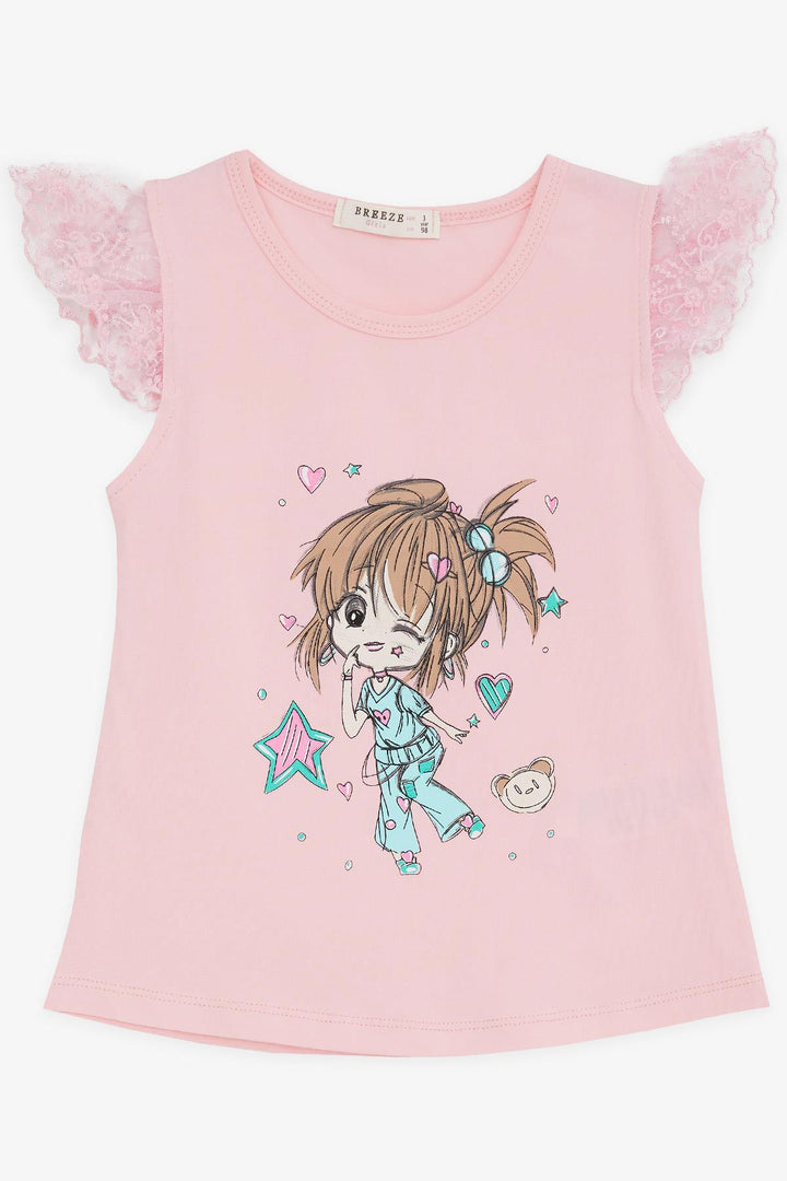 BRE Breeze Girl's T-shirt Crazy Girl Printed Sleeves Embroidered Lace 1.5-5 Years, Pink - Logroño