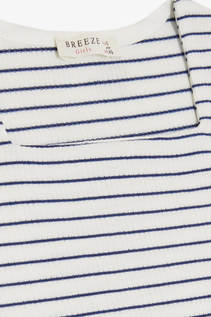 BRE Breeze Girl's Striped Square Neck T-shirt with Logo, 94 Years, White - Pejë
