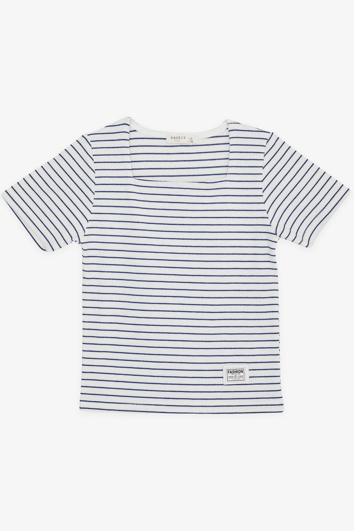 BRE Breeze Girl's Striped Square Neck T-shirt with Logo, 94 Years, White - Pejë