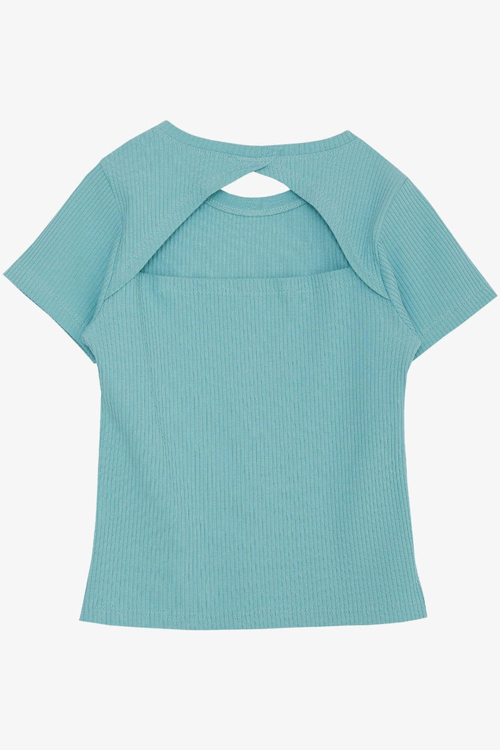 BRE Breeze Girl's Crop Top T-Shirt with Back Decollete, Printed with Shiny Text, 94 Years, Aqua Green - Kakhovka