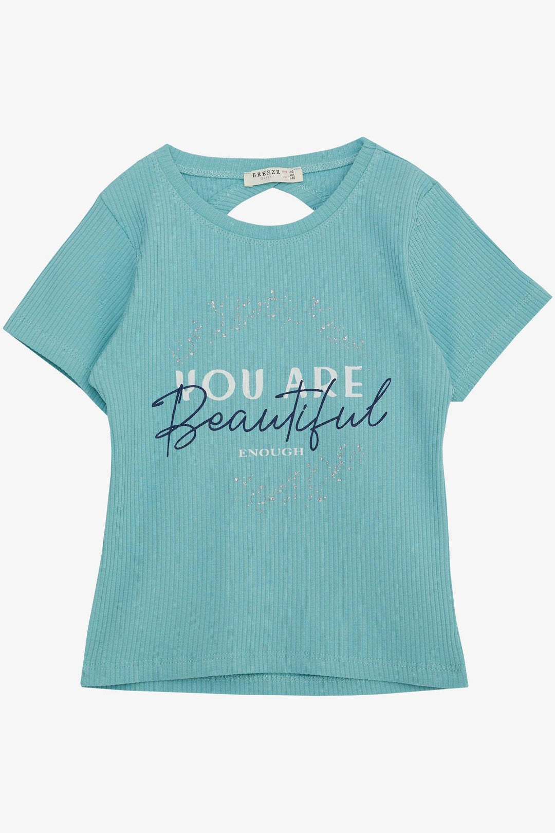 BRE Breeze Girl's Crop Top T-Shirt with Back Decollete, Printed with Shiny Text, 94 Years, Aqua Green - Kakhovka