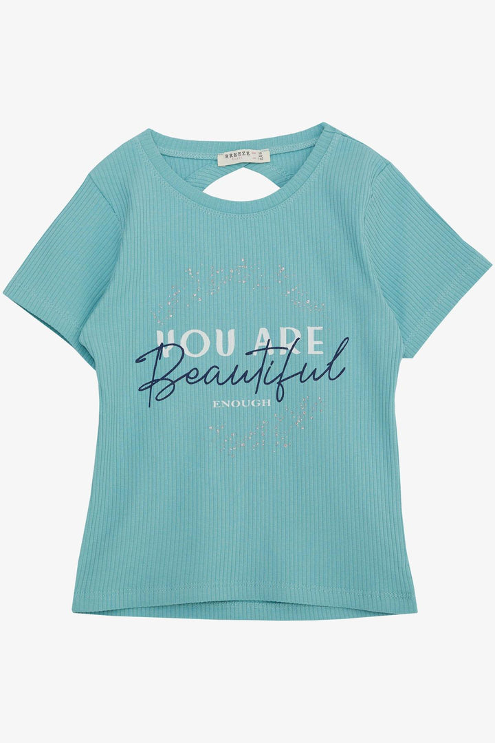 BRE Breeze Girl's Crop Top T-Shirt with Back Decollete, Printed with Shiny Text, 94 Years, Aqua Green - Kakhovka