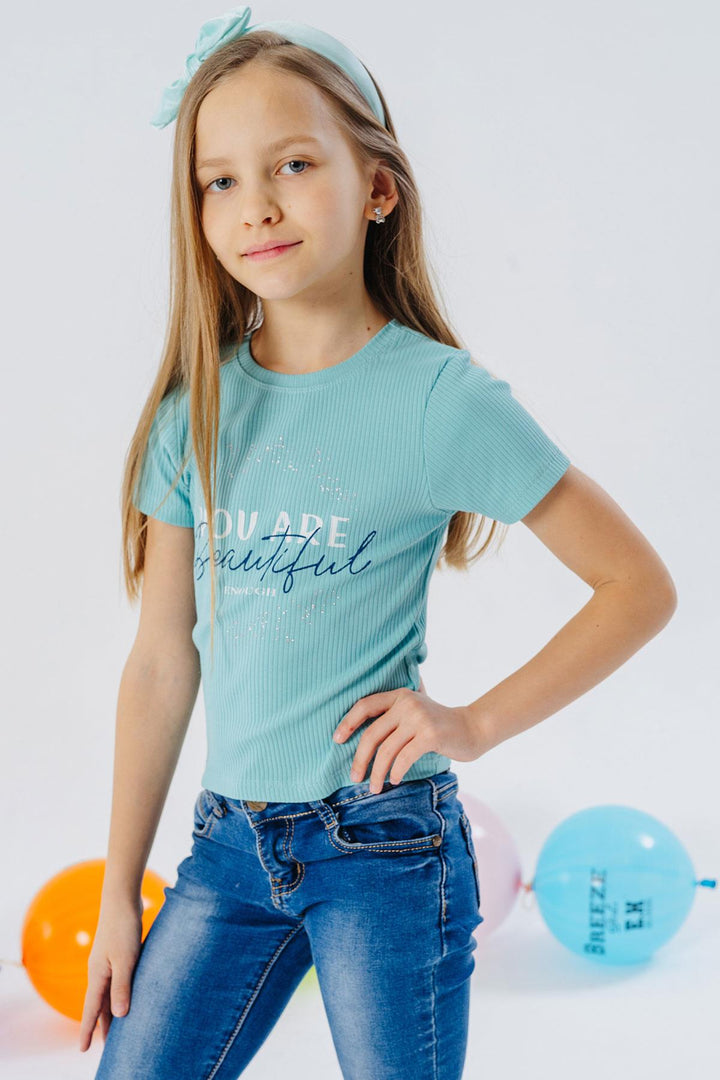 BRE Breeze Girl's Crop Top T-Shirt with Back Decollete, Printed with Shiny Text, 94 Years, Aqua Green - Kakhovka