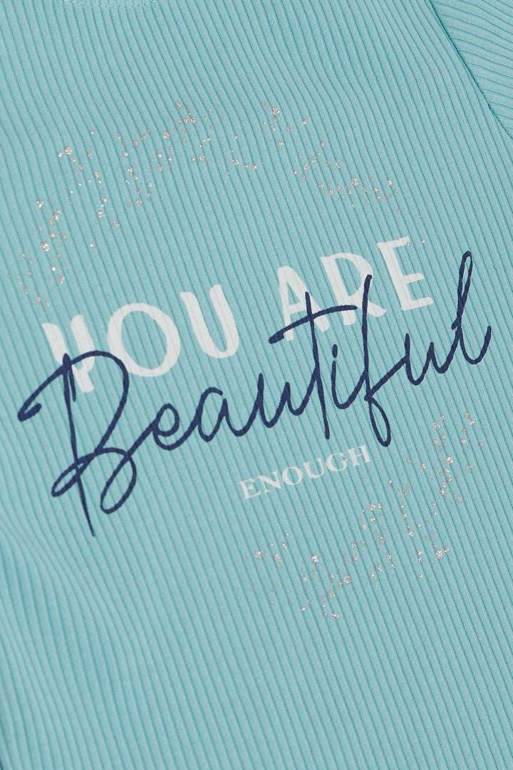 BRE Breeze Girl's Crop Top T-Shirt with Back Decollete, Printed with Shiny Text, 94 Years, Aqua Green - Kakhovka