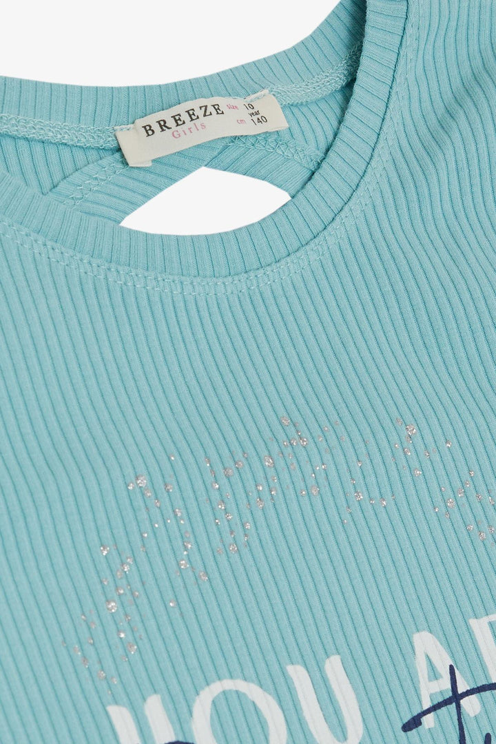 BRE Breeze Girl's Crop Top T-Shirt with Back Decollete, Printed with Shiny Text, 94 Years, Aqua Green - Kakhovka