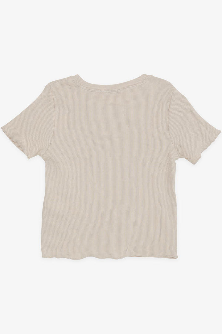 BRE Breeze Girl's Crop T-Shirt with Printed Text, 84 Years, Beige - National City
