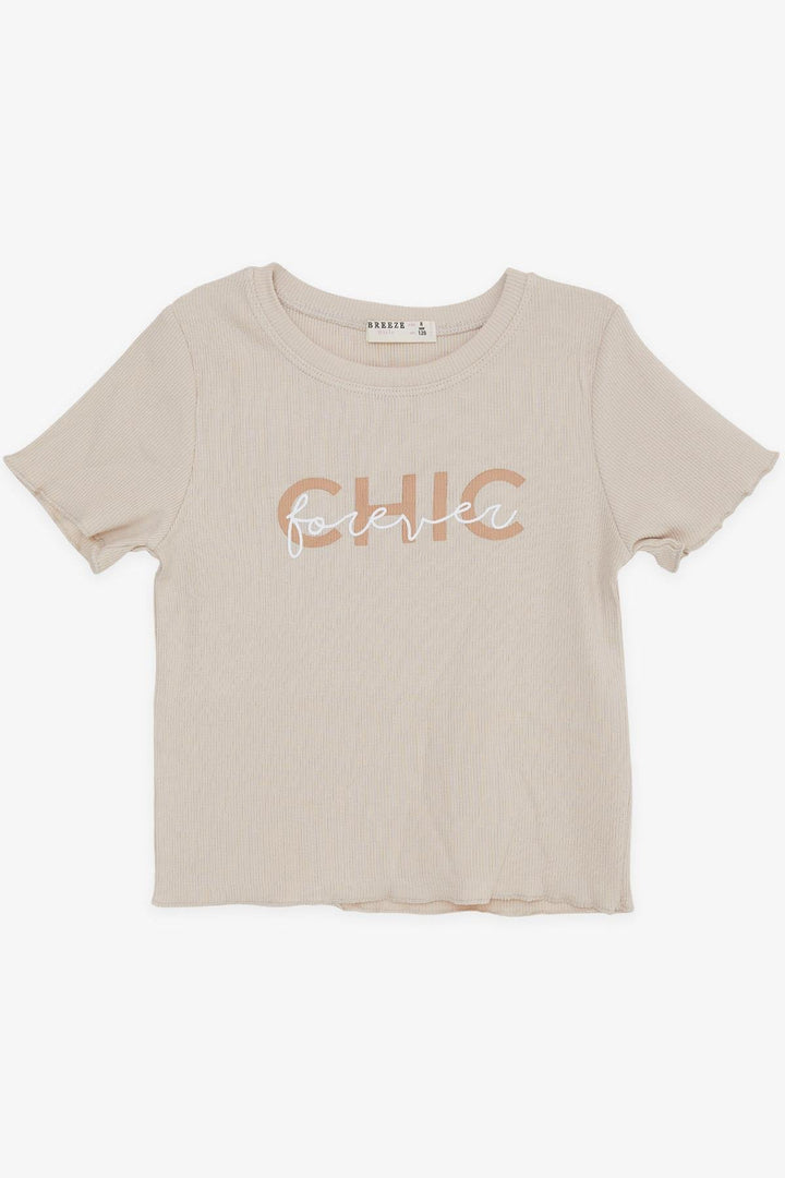 BRE Breeze Girl's Crop T-Shirt with Printed Text, 84 Years, Beige - National City