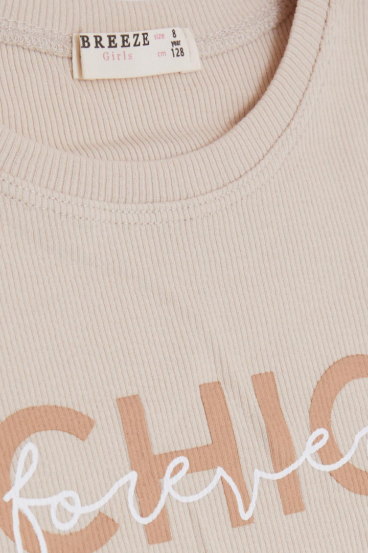 BRE Breeze Girl's Crop T-Shirt with Printed Text, 84 Years, Beige - National City