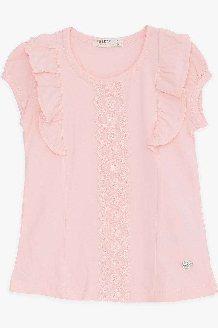 BRE Breeze Girl's T-Shirt with Ruffled Gupure Embroidery, 3-8 Years, Pink - Aubagne