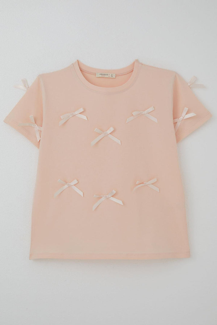 BRE Breeze Girl's T-Shirt with Bow Accessory Detail, 94 Years, Powder - Leonberg