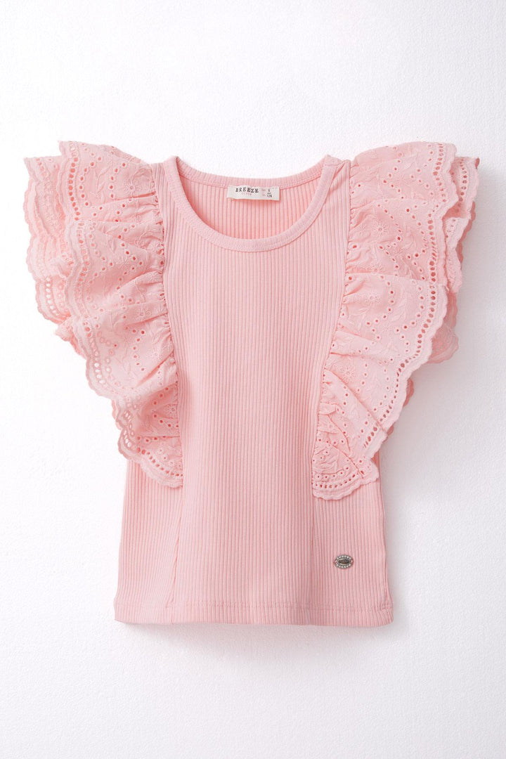 BRE Breeze Girl's T-shirt with Lace Flower & Leaf Embroidery, 62 Years, Salmon - Hinesville