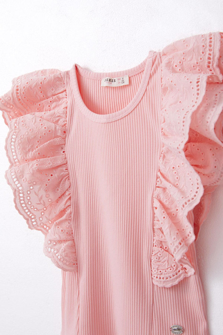 BRE Breeze Girl's T-shirt with Lace Flower & Leaf Embroidery, 62 Years, Salmon - Hinesville