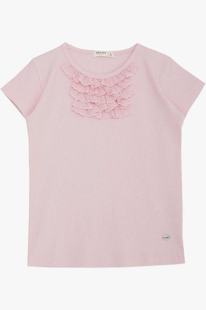 BRE Breeze Girl's T-shirt with Lace Trim and Ruffle, 4-8 Years, Pink - Glendora