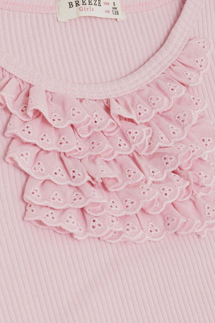 BRE Breeze Girl's T-shirt with Lace Trim and Ruffle, 4-8 Years, Pink - Glendora