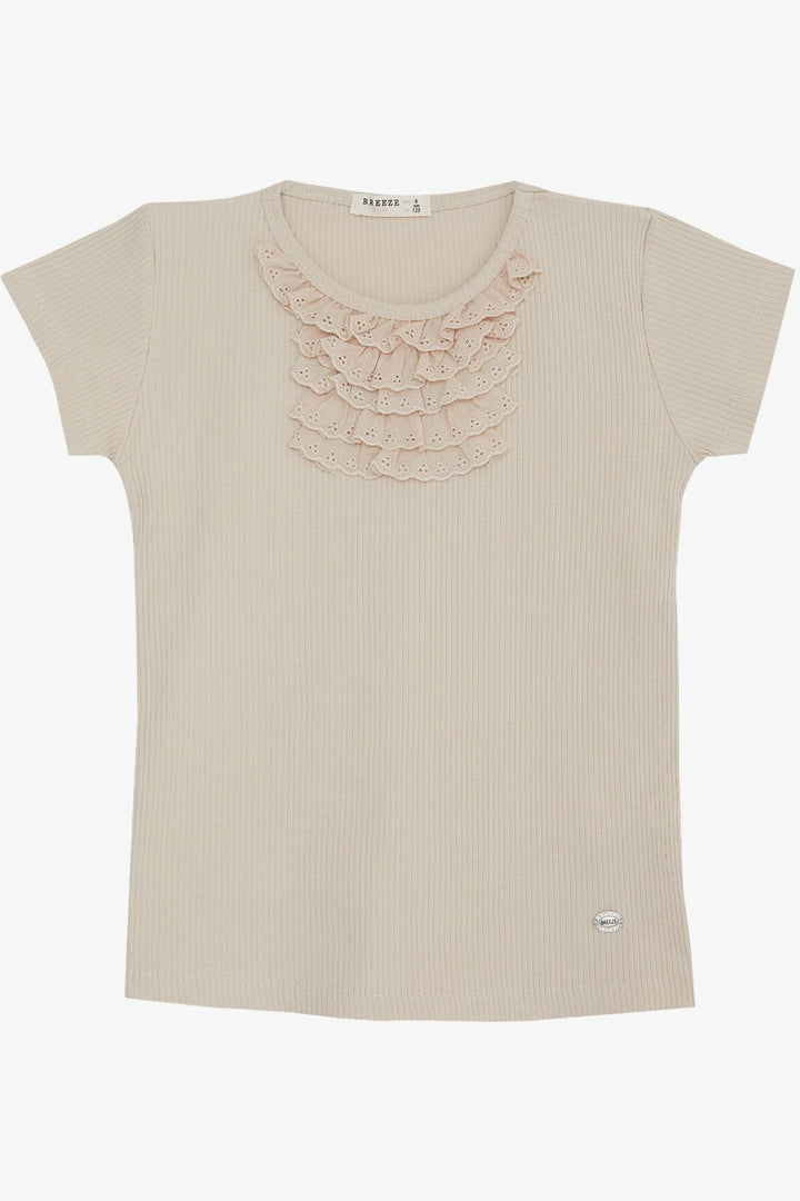 BRE Breeze Girl's T-shirt with Lace Trim and Frills, 4-8 Years, Beige - Pozzuoli