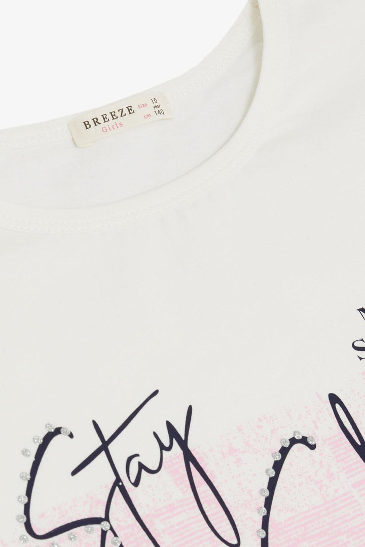 BRE Breeze Girl's T-shirt with Sparkle Theme Print 106 Years, Beige - La Seyne-sur-Mer