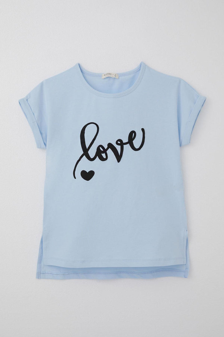 BRE Breeze Girl's T-Shirt Embossed Text Printed with Slit 106 Years, Light Blue - Berkeley