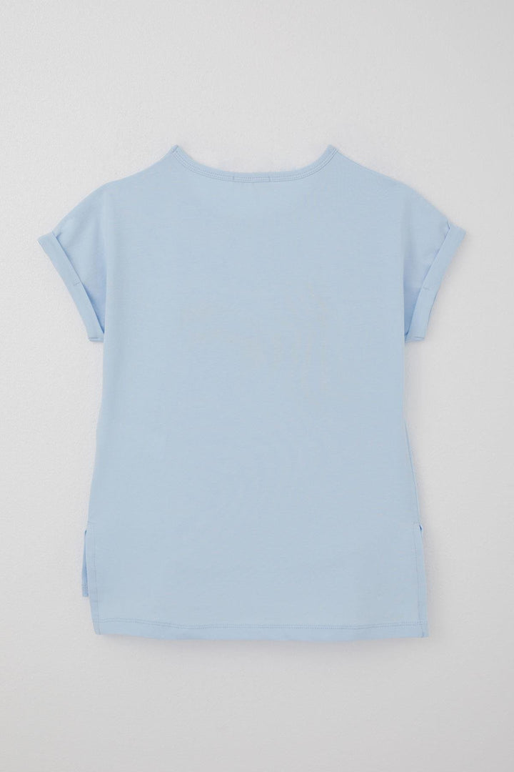 BRE Breeze Girl's T-Shirt Embossed Text Printed with Slit 106 Years, Light Blue - Berkeley