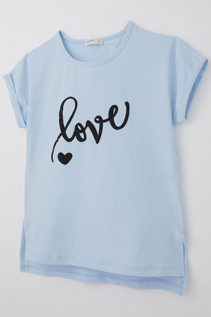 BRE Breeze Girl's T-Shirt Embossed Text Printed with Slit 106 Years, Light Blue - Berkeley