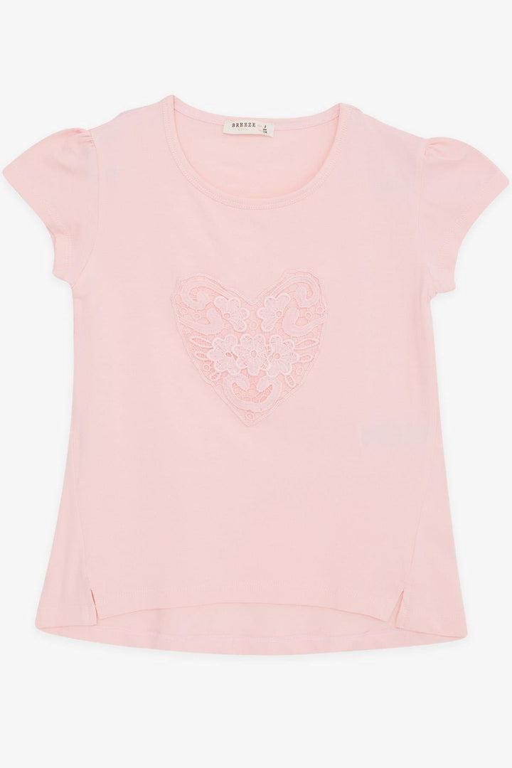 BRE Breeze Girl's T-shirt with Heart Flower Embroidery, 4-8 Years, Pink - Banbury