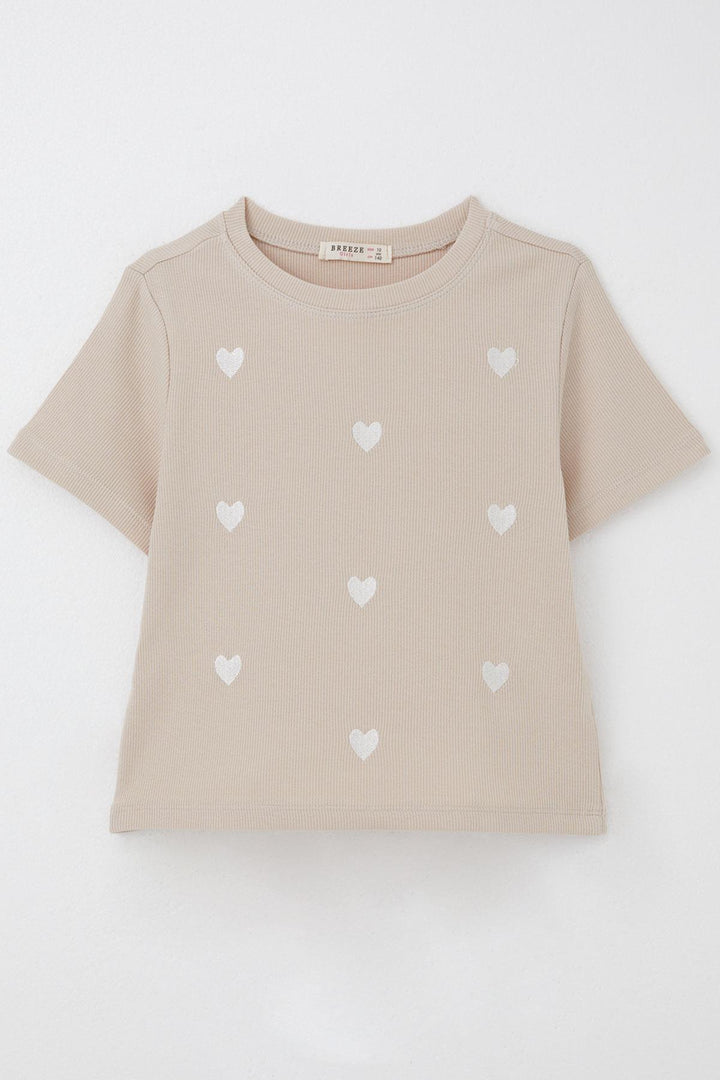 BRE Breeze Girl's T-shirt with Heart Embroidery Detail, 94 Years, Beige - Security-Widefield