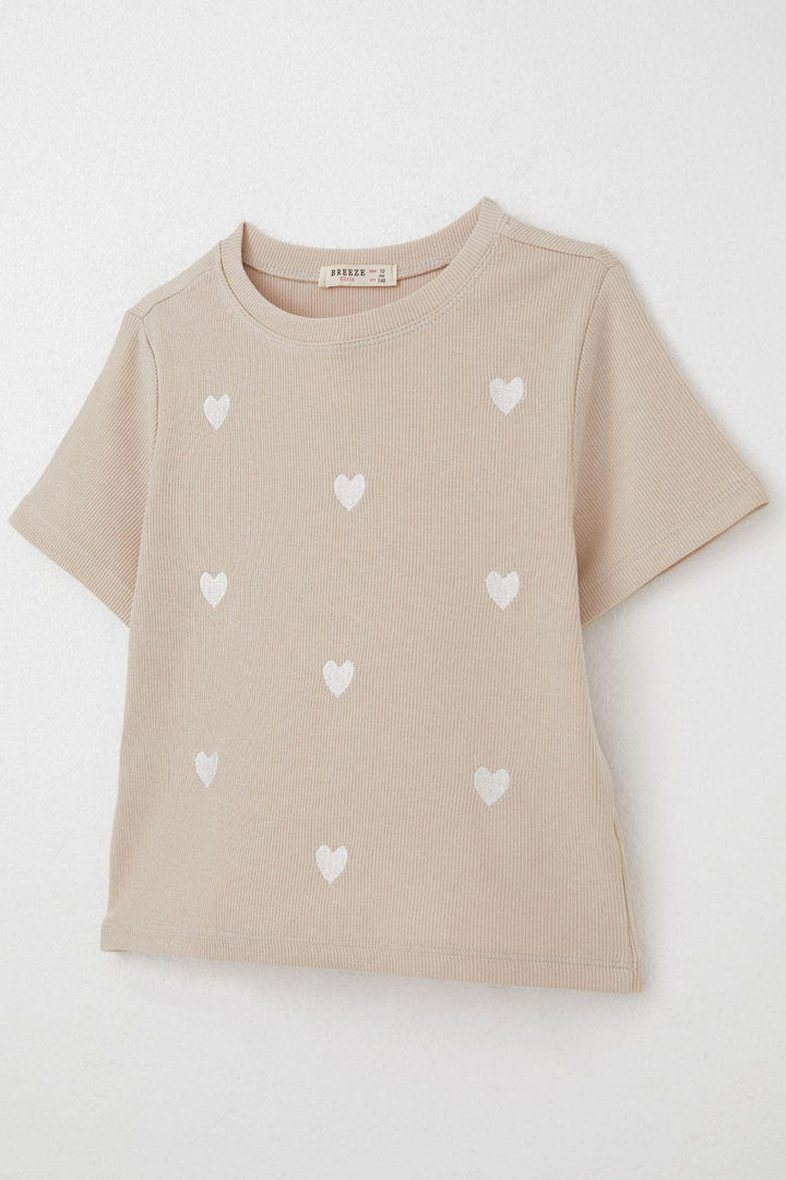BRE Breeze Girl's T-shirt with Heart Embroidery Detail, 94 Years, Beige - Security-Widefield