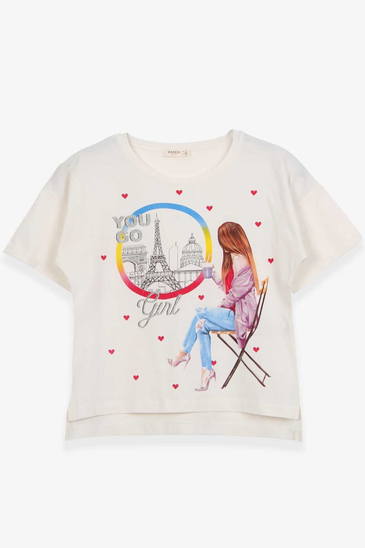 BRE Breeze Girl's T-shirt with Heart-shaped Glitter Print, 96 Years, Ecru - Billings