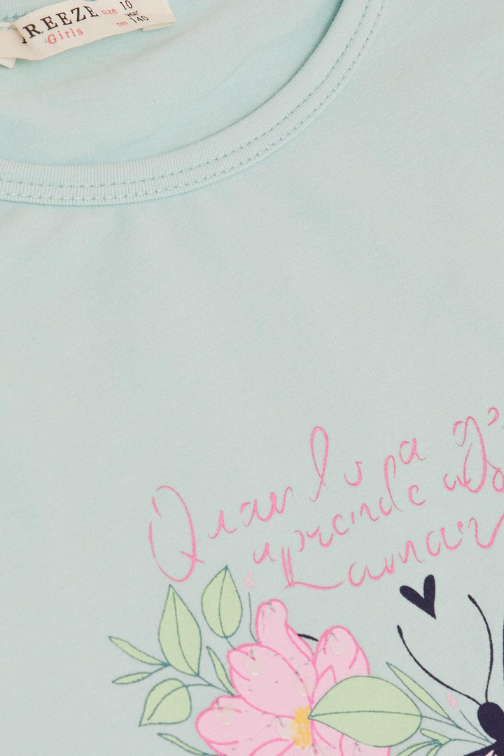 BRE Breeze Girl's T-shirt Butterfly Printed 106 Years, Aqua Green - Göppingen