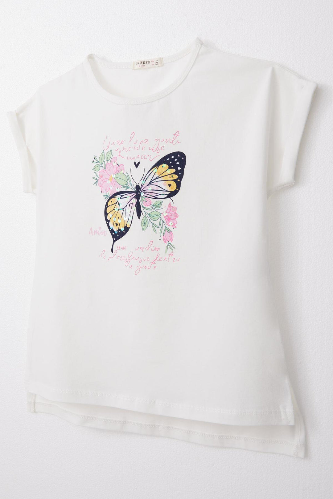 BRE Breeze Girl's T-shirt with Butterfly Print, 106 Years, Ecru - Sankt Gallen