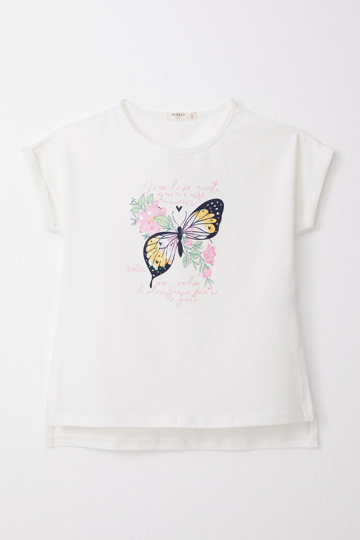 BRE Breeze Girl's T-shirt with Butterfly Print, 106 Years, Ecru - Sankt Gallen