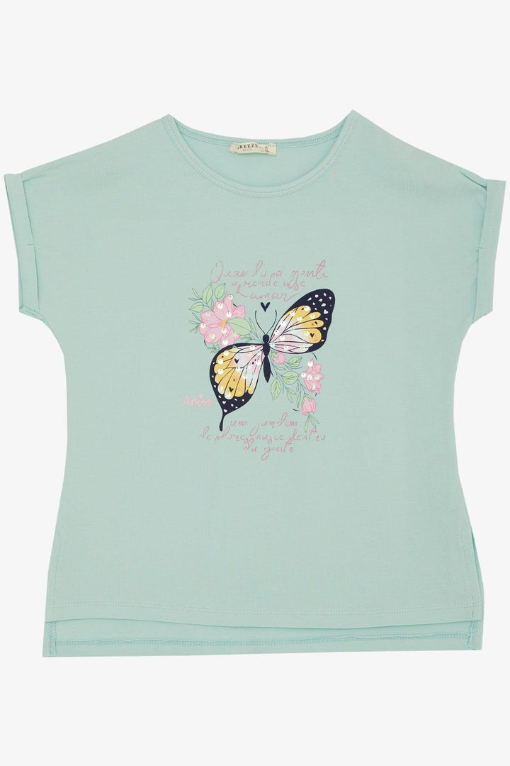 BRE Breeze Girl's T-shirt Butterfly Printed 106 Years, Aqua Green - Göppingen