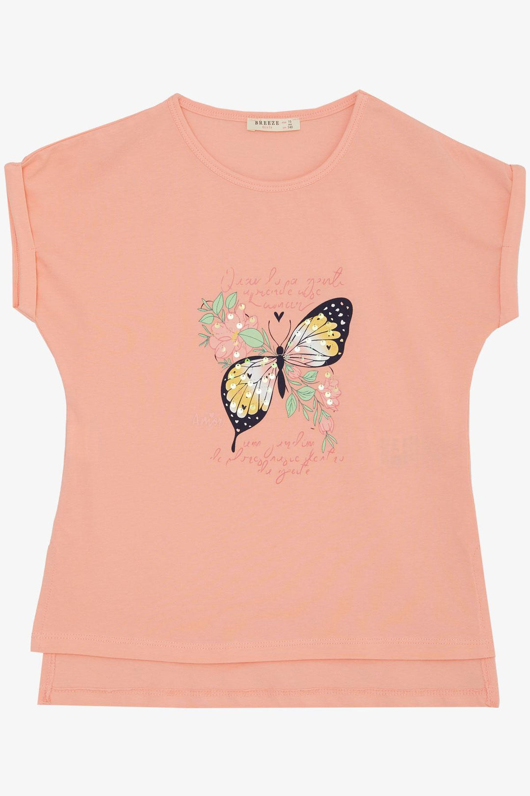 BRE Breeze Girl's T-shirt Butterfly Printed 106 Years, Salmon - Accrington