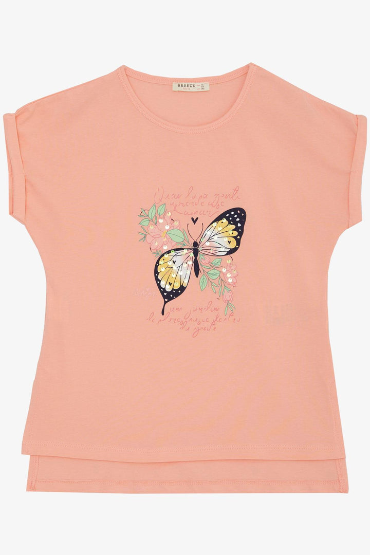 BRE Breeze Girl's T-shirt Butterfly Printed 106 Years, Salmon - Accrington