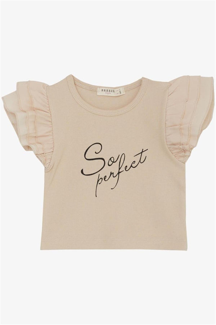 BRE Breeze Girl's T-shirt with Belted Short Sleeves Frilly Crepe Fabric, Beige, 3-7 Years - Cabo San Lucas