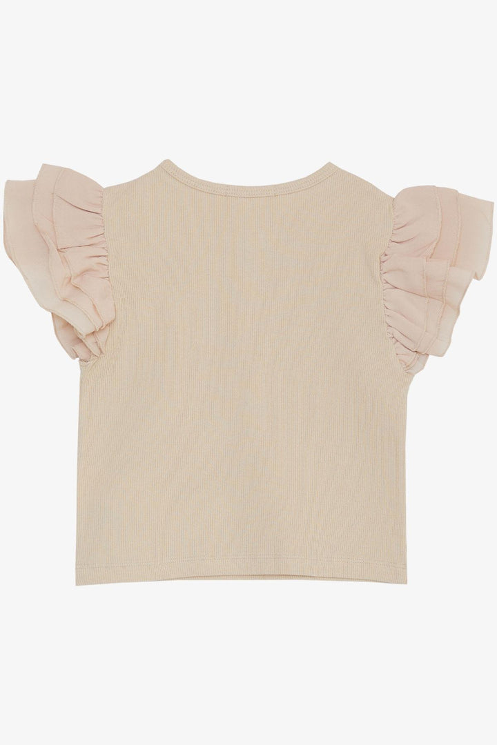 BRE Breeze Girl's T-shirt with Belted Sleeves Frilly Printed Summer Text on Crepe Fabric, Beige, 82 Years - Vallejo