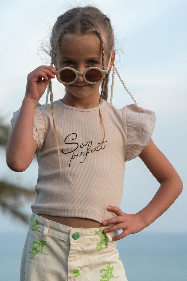 BRE Breeze Girl's T-shirt with Belted Short Sleeves Frilly Crepe Fabric, Beige, 3-7 Years - Cabo San Lucas