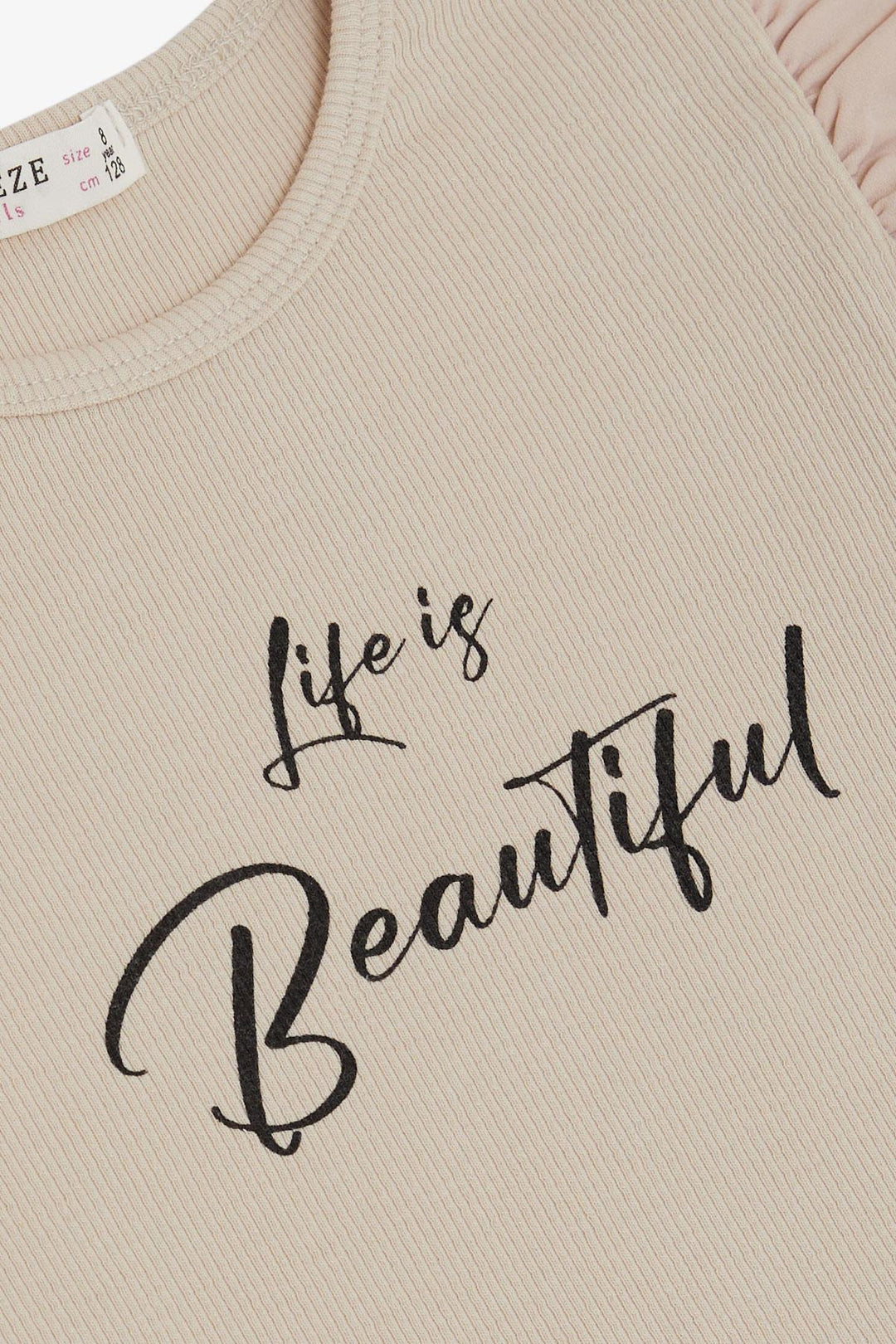 BRE Breeze Girl's T-shirt with Belted Sleeves Frilly Printed Summer Text on Crepe Fabric, Beige, 82 Years - Vallejo