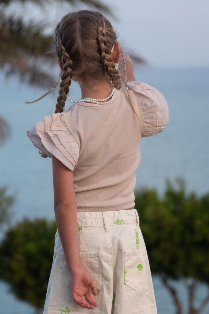 BRE Breeze Girl's T-shirt with Belted Short Sleeves Frilly Crepe Fabric, Beige, 3-7 Years - Cabo San Lucas