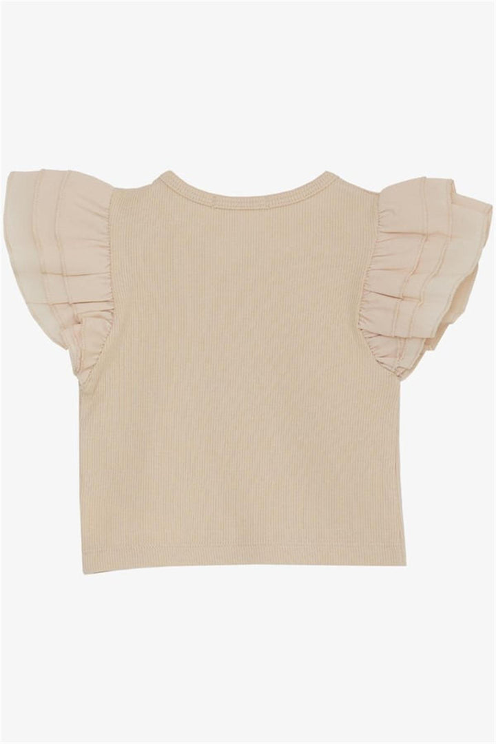 BRE Breeze Girl's T-shirt with Belted Short Sleeves Frilly Crepe Fabric, Beige, 3-7 Years - Cabo San Lucas
