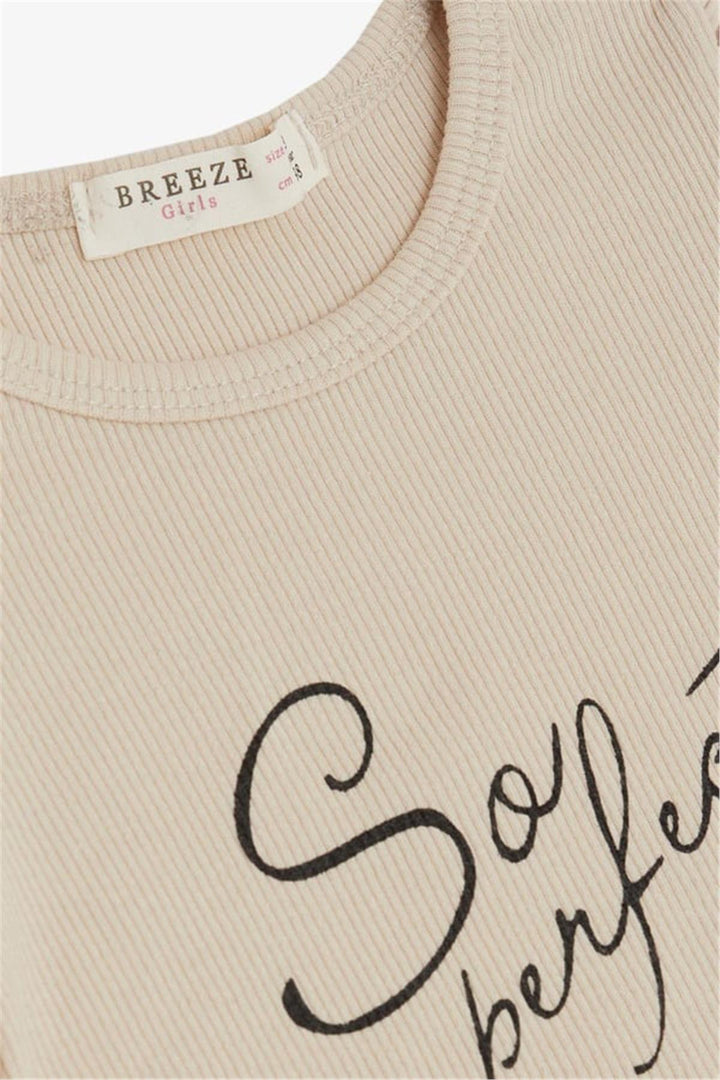 BRE Breeze Girl's T-shirt with Belted Short Sleeves Frilly Crepe Fabric, Beige, 3-7 Years - Cabo San Lucas