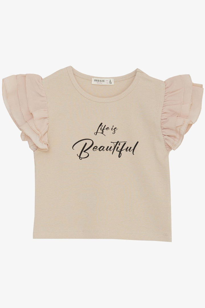 BRE Breeze Girl's T-shirt with Belted Sleeves Frilly Printed Summer Text on Crepe Fabric, Beige, 82 Years - Vallejo