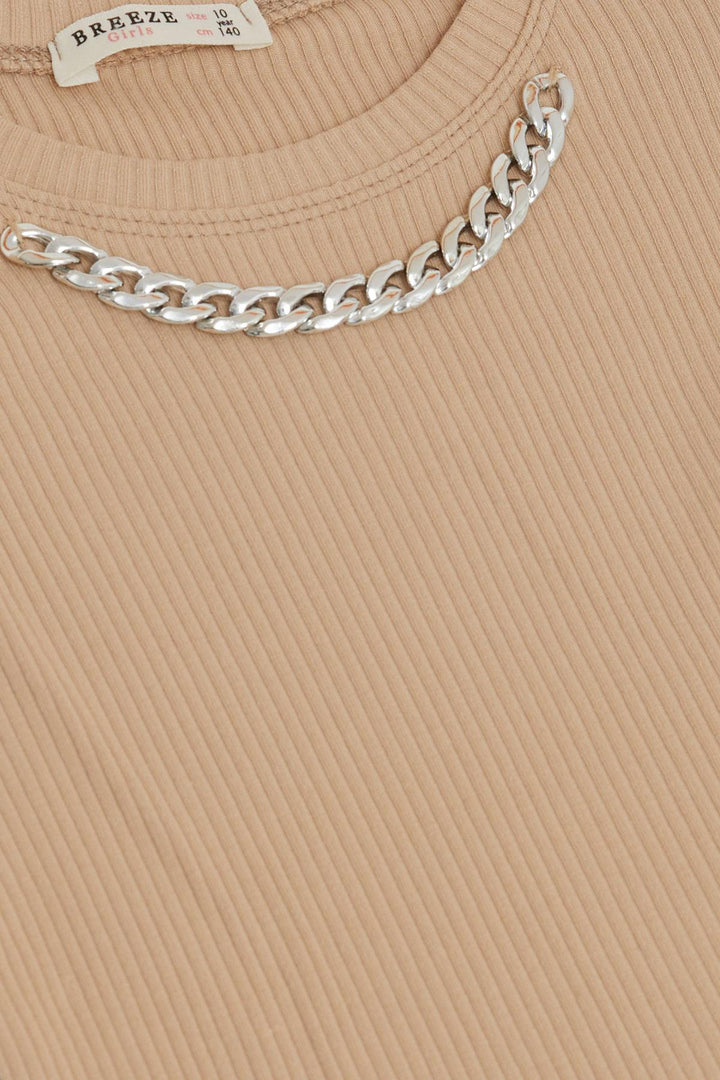 BRE Breeze Girl's T-shirt with Belt Collar Chain Accessory, 94 Years, Brown - Westchester