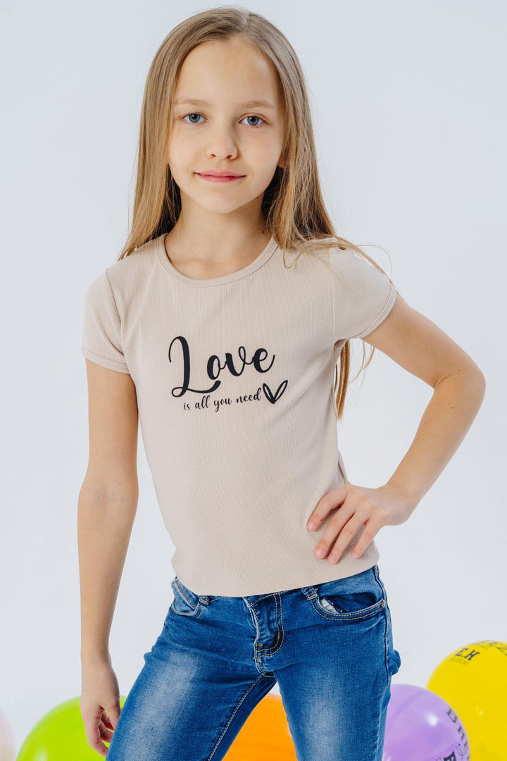 BRE Breeze Girl's T-shirt Belt Length Printed with Text 84 Years, Beige - Barneveld
